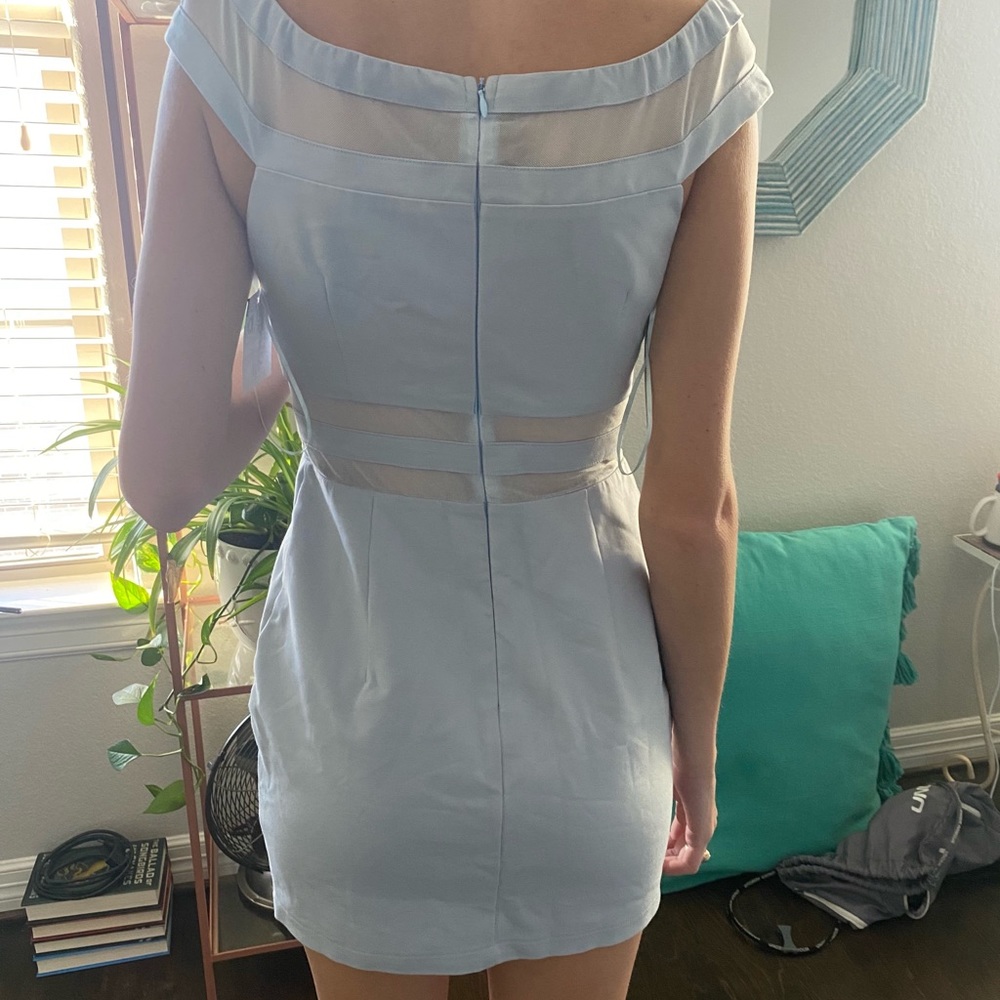 Light Blue superdown mini dress with mesh cutouts